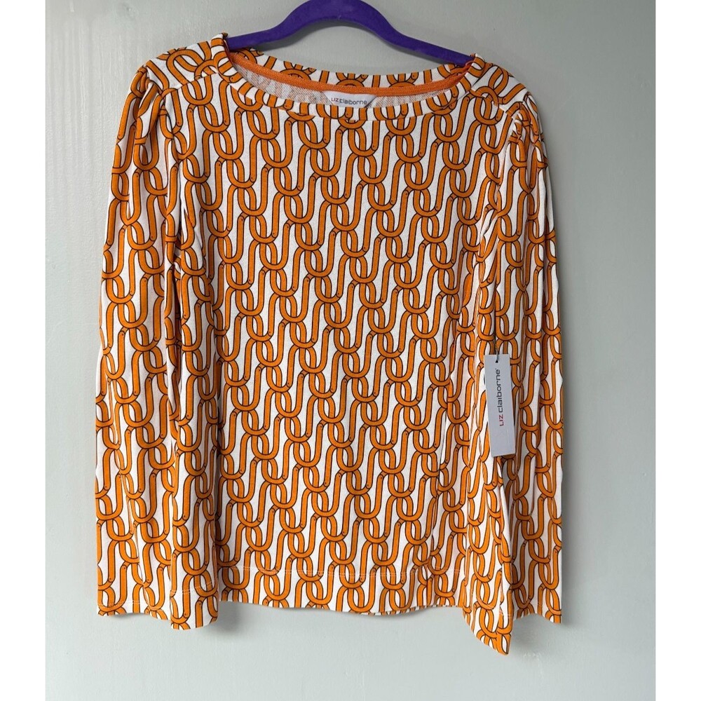 Liz Claiborne Womens Medium Orange Geometric Chain Print Top NWT Long Sleeve